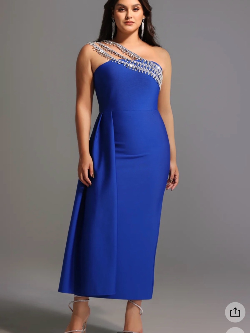 Sculpted One-Shoulder Evening Dress in Cobalt Blue with Crystal Straps
